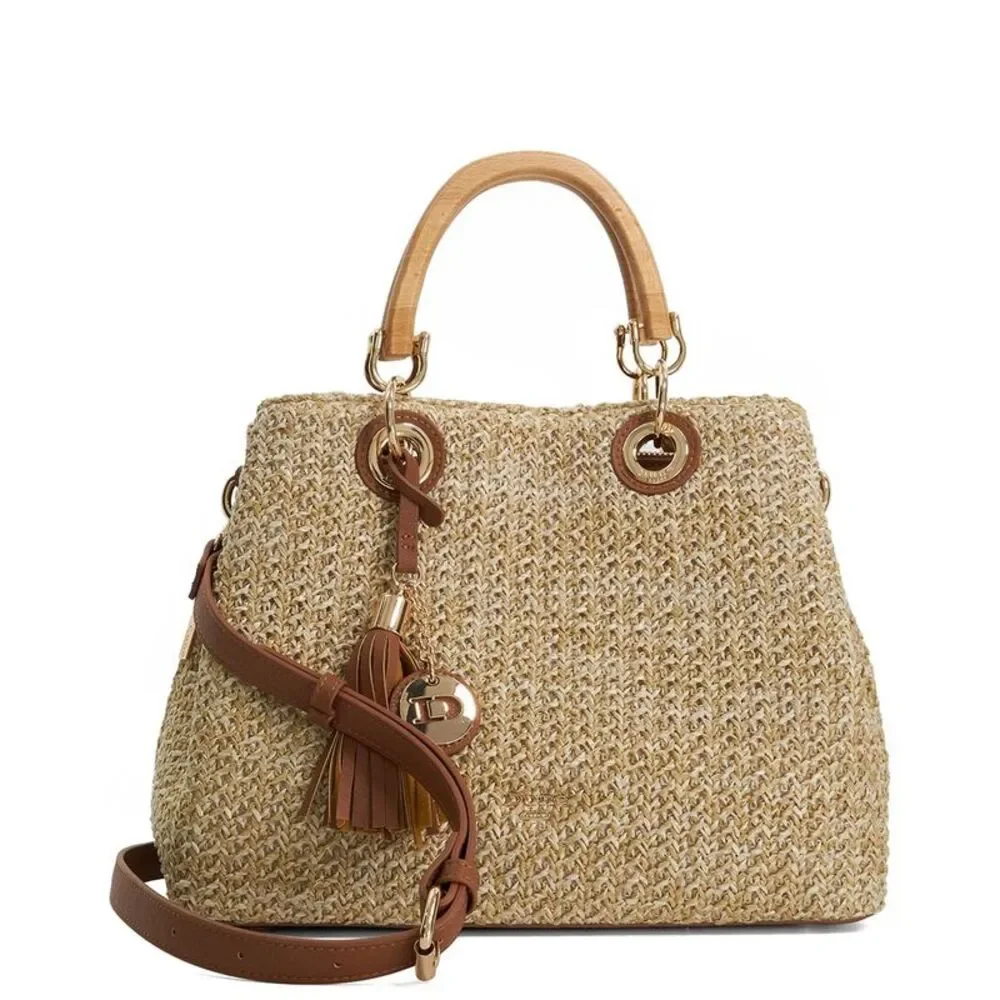 Dune London Demmy Medium Natural Straw Tote with Brown Leather Trim